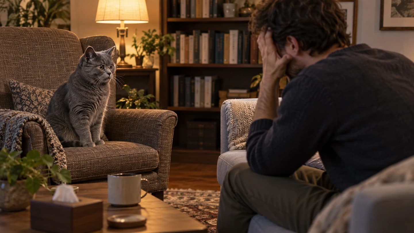 Gray cat acting as a therapist while listening to a stressed person in a cozy office