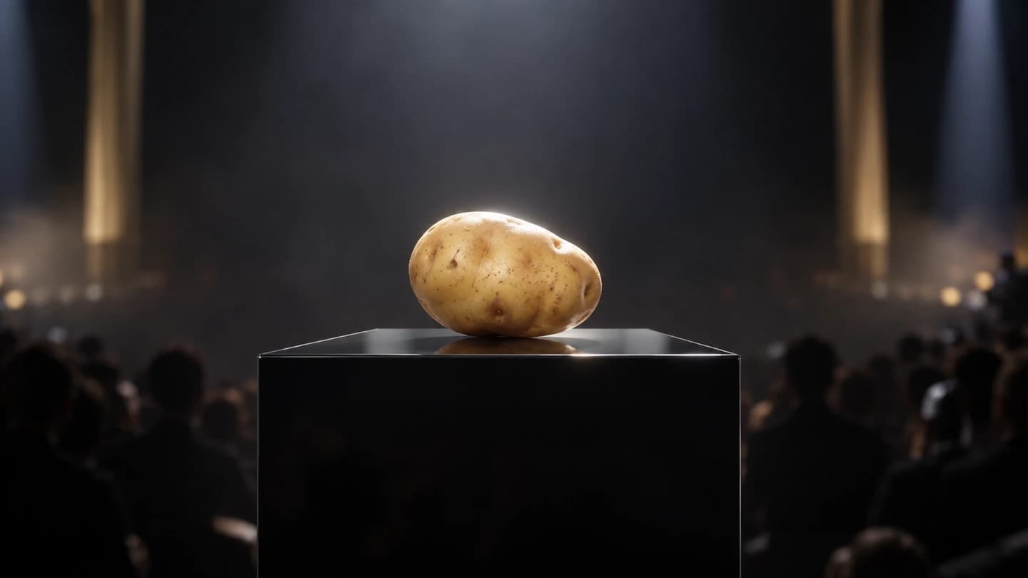 Ordinary potato displayed like a premium technology product at a dramatic launch event