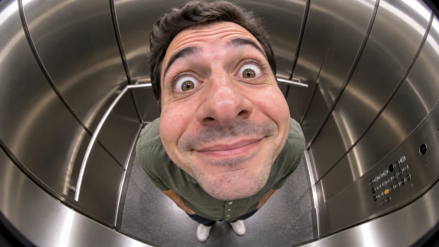 Exaggerated fish-eye elevator portrait with a huge nose, bulging cheeks and wide startled eyes