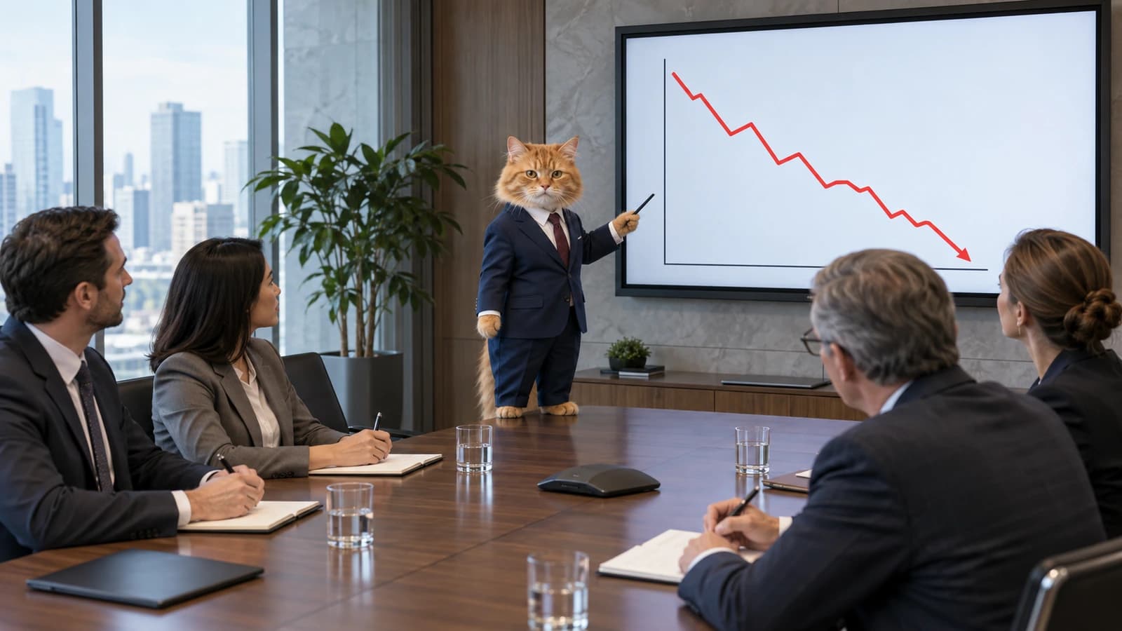 Orange cat in a business suit presenting quarterly earnings to serious executives
