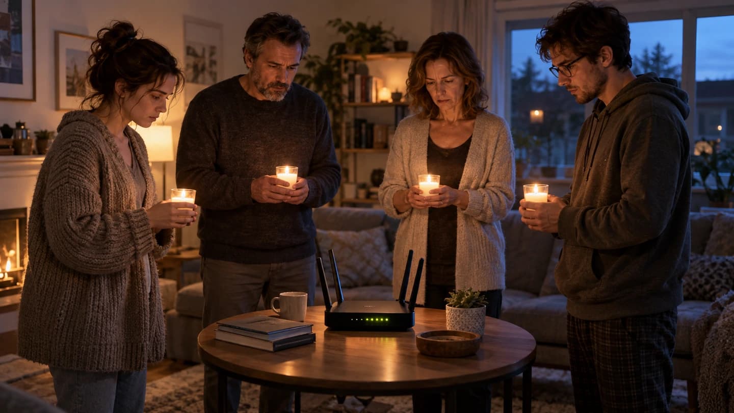 Family holding candles around a Wi-Fi router as if performing a serious ritual