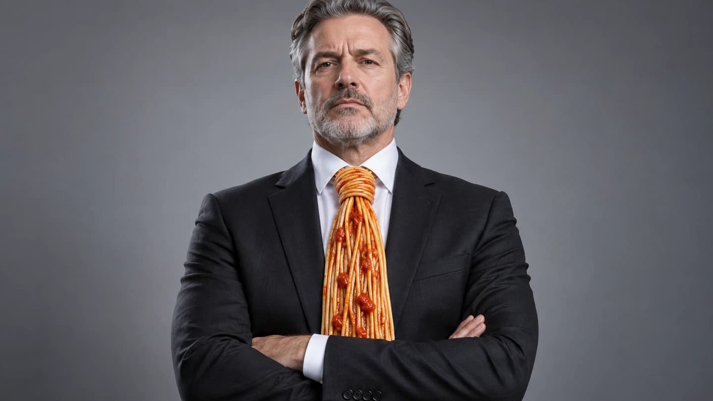 Stern executive in a dark suit wearing an oversized necktie made of spaghetti