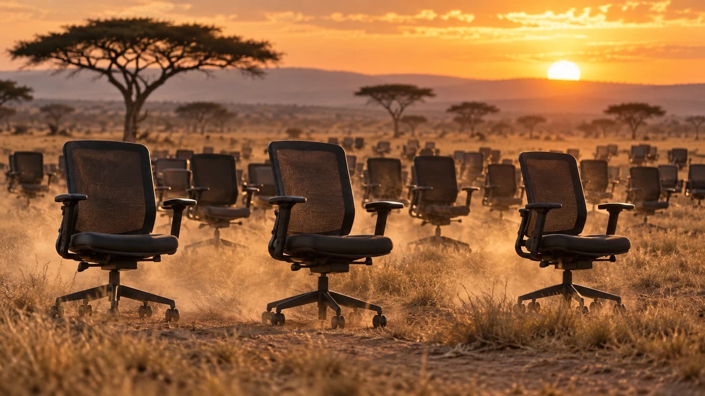 Herd of rolling office chairs migrating across an African savanna at sunset