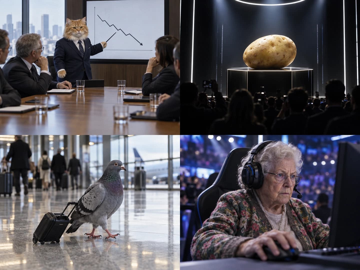 Funny AI prompt examples including a business cat, luxury potato launch, traveling pigeon and esports grandmother
