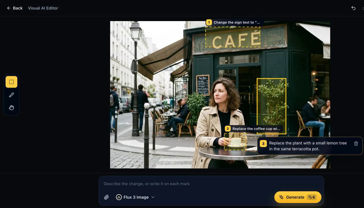 PixMira Visual AI Editor with three boxes on a cafe photo, each with its own note